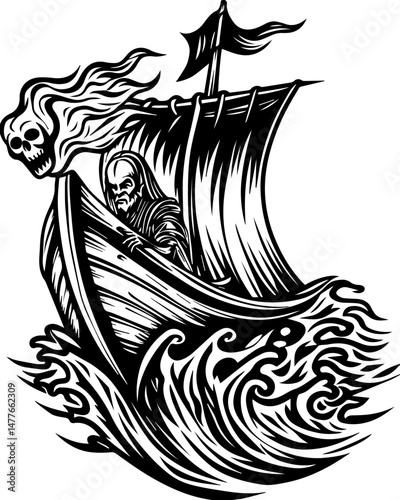 SVG vector of a skull symbolizing naval war. Dark Viking Ship with Skull and Menacing Figure Sailing Sea