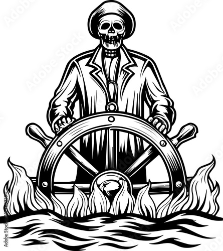 SVG vector of a skull symbolizing naval war. Skull Captain at Helm with Flames in Black and White Artwork