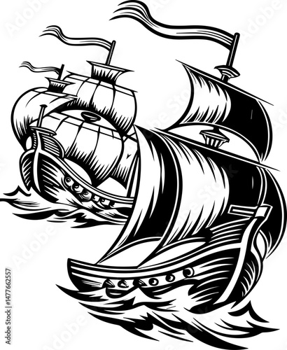 SVG vector of a skull symbolizing naval war. Vintage Pirate Ships in Black and White Illustrative Artwork