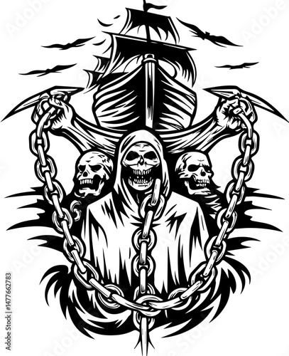 SVG vector of a skull symbolizing naval war. Dark Gothic Illustration of Grim Reaper with Pirates and Chains