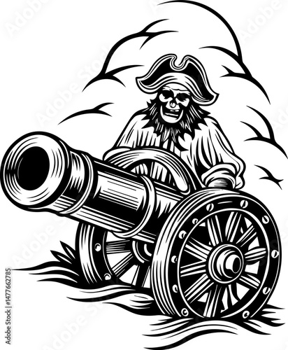 SVG vector of a skull symbolizing naval war. Pirate with Vintage Cannon Engaging in Nautical Adventure Scene