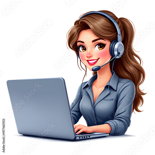 Smiling cartoon woman with headset assisting online with her laptop computer