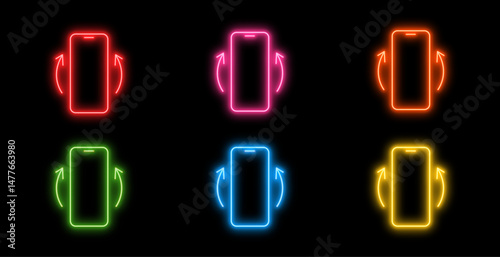 Neon glowing vertical smartphone rotation icons set on isolated dark background, mobile phone screen rotate arrow icon, vector