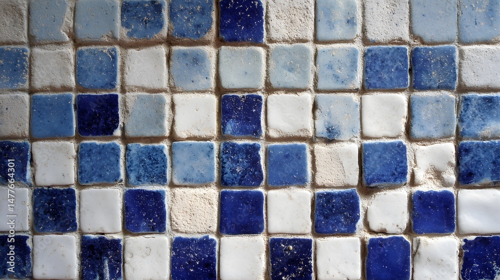 Fototapeta premium Arrangement of square mosaic tiles in shades of blue and white, forming a geometric tiled surface.
