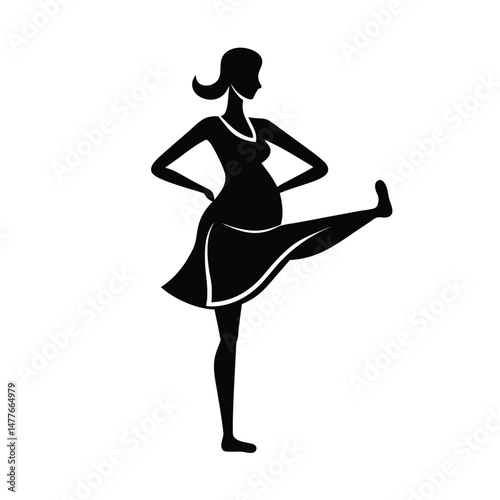 Silhouette of a pregnant woman exercising with one leg raised depicting pregnancy and motherhood