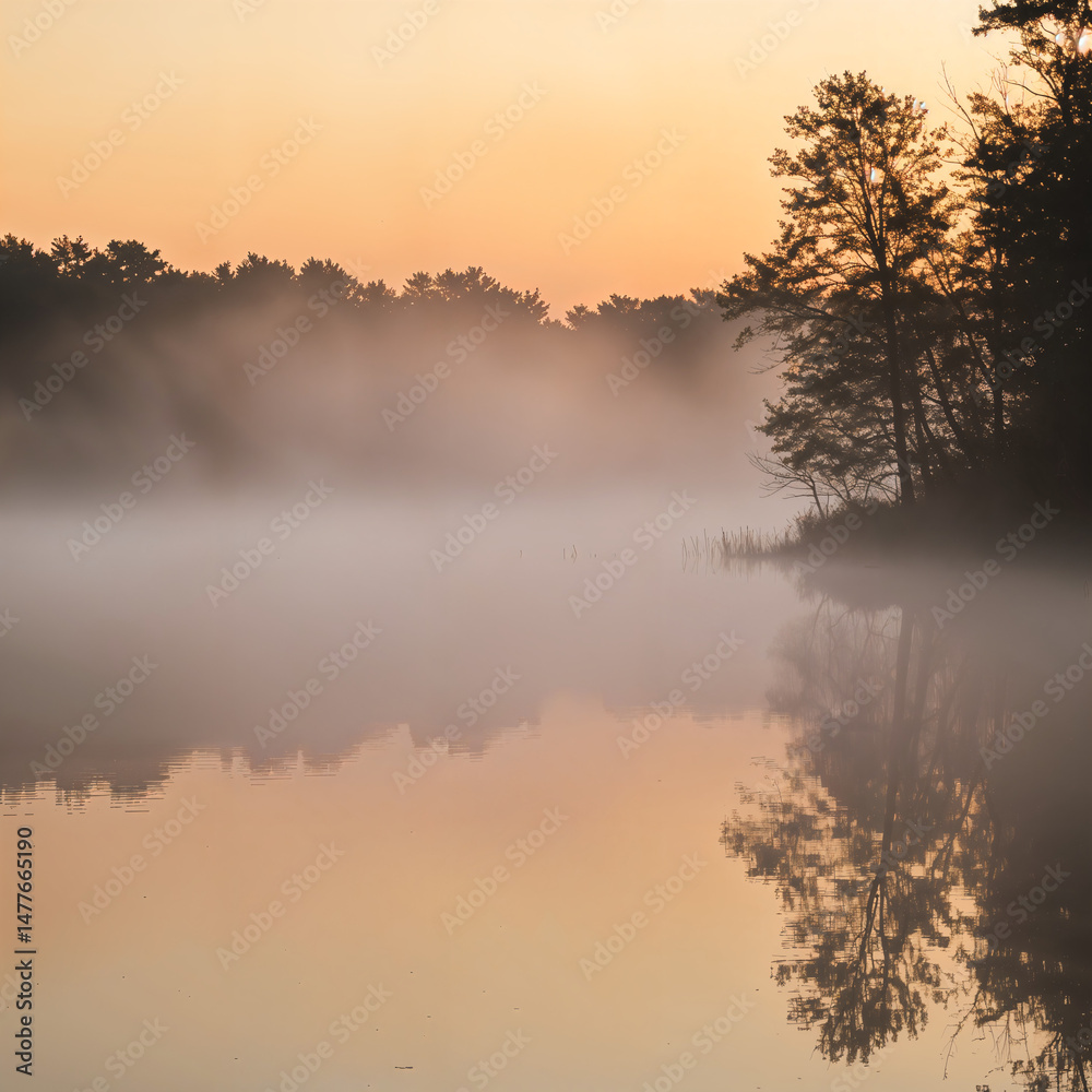 Naklejka premium Misty Lake Sunrise Reflective Tranquil ai generated images ai generative