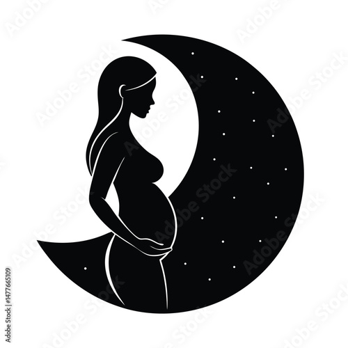 Silhouette of a pregnant woman embracing her belly and the moon on a white background with stars