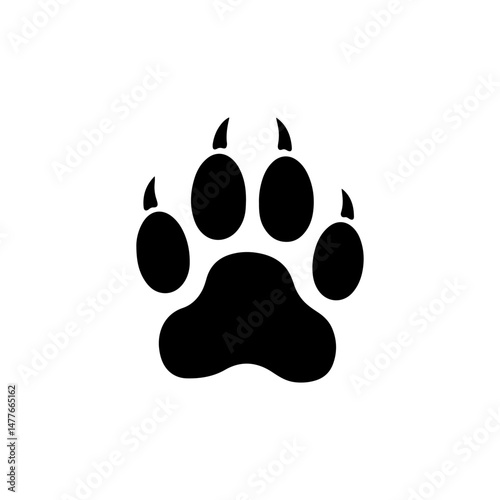 One black panther paw print silhouette vector flat illustration on white background.