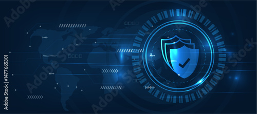 cyber shield icon with blue futuristic background