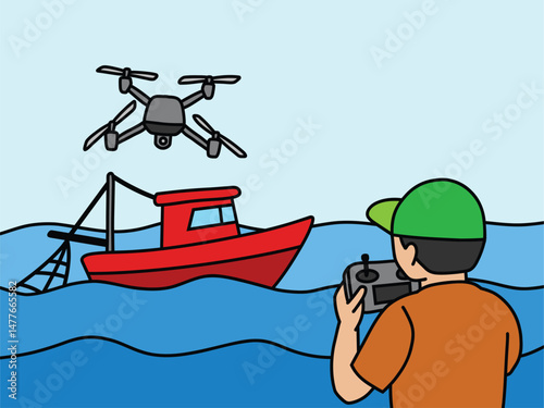 Farmer supervise monitoring scanning fishing ponds sea fish location using drone