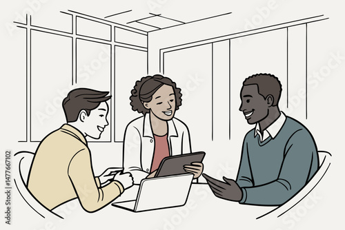 Sketch style doodle of Diverse friendly coworkers talking using digital tablet in office