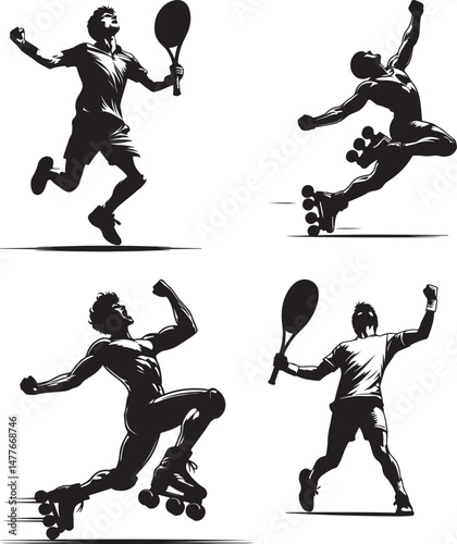 Silhouettes of tennis players and roller skaters celebrating in black and white art