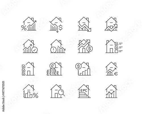Housing metrics Icon collection containing 16 editable stroke icons. Perfect for logos, stats and infographics. Edit the thickness of the line in Adobe Illustrator (or any vector capable app).