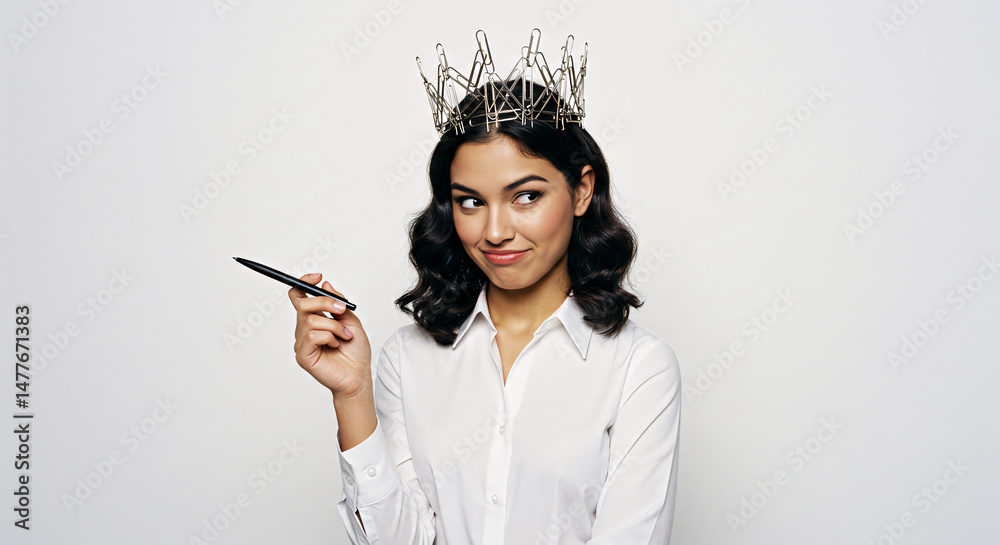 Obraz premium Intriguing Queen with a Crown and Pen Standing Before a White Background Creates a Transparent PNG Image