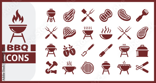 BBQ Icon Set Featuring Grilled Meat, Sausage, Barbecue Grill, Skewer, Flame, Tongs, Kebab, Steak, Charcoal, Smoke, and Outdoor Cooking Elements in Vector Illustration