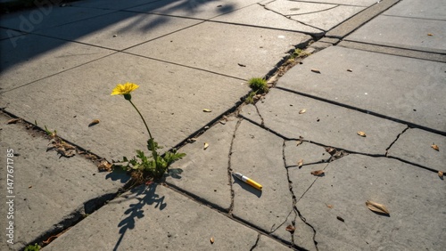 Yellow flower growing through cracked pavement in sunlight  