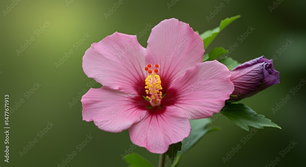 Fototapeta premium Pink Flower Blooming with Bud Close-up on Green