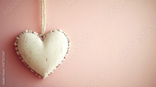 White Fabric Heart Hanging on Pink Background