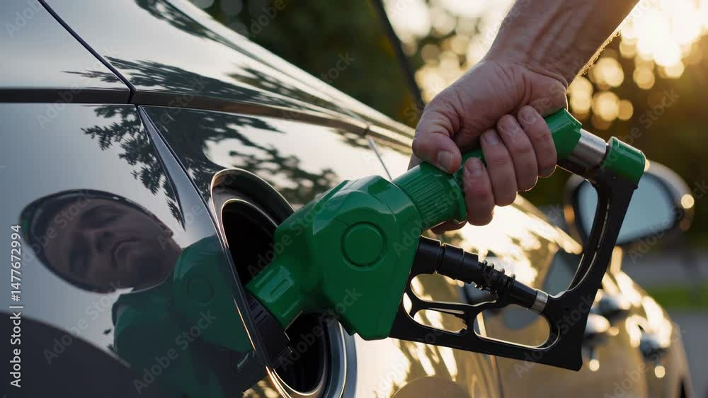 Hand inserting green fuel pump nozzle into vehicle tank during sunset, highlighting refueling process and transportation energy dynamics
