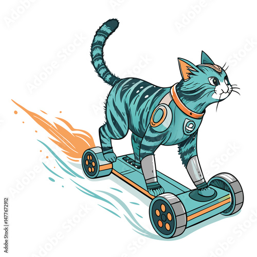 Generate a hyperrealistic image of a chrome robotic cat effortlessly gliding on a hoverboard, leaving a sparkling trail.  Focus on sleek design and futuristic elements.