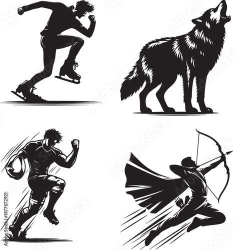 A compilation of black and white vector images showing different active figures and wolf
