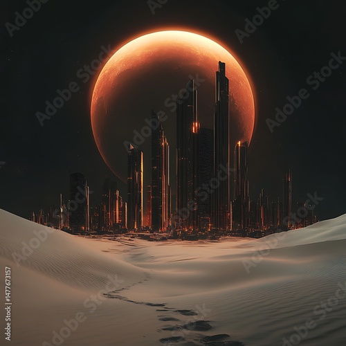 Mystic Cityscape Under the Crimson Moon: A surreal depiction of a city skyline, silhouetted against a dramatic blood-orange moon, standing amidst an endless desert.