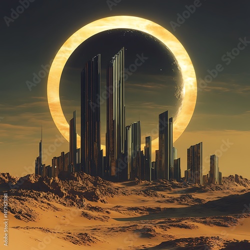 Golden Horizon: A futuristic cityscape shimmers under the gaze of a radiant celestial body, set against a breathtaking, ethereal landscape, with sharp, modern architecture.