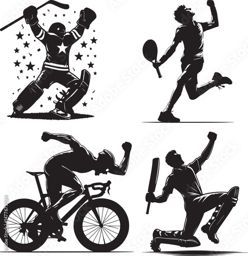 Silhouette illustrations of hockey player, tennis player, cyclist and cricketer