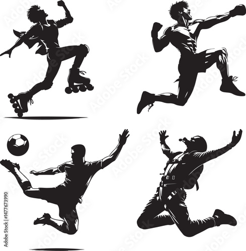 Four silhouettes of people jumping, roller skating, kicking a ball, and skydiving