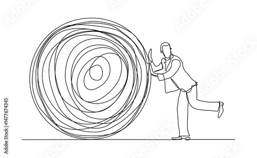 continuous line drawing of business man push stone rock obstacle sketch editable stroke vector illustration