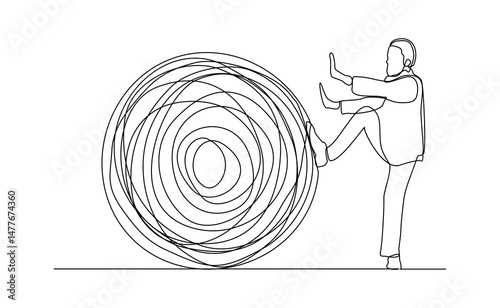 continuous line drawing of business man push stone rock obstacle sketch editable stroke vector illustration