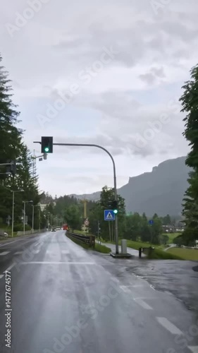 Vertical view of Austria road from car