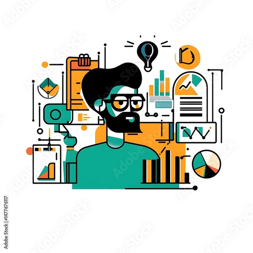 Strategist in Action: A bearded man with glasses represents a strategist in action, surrounded by data charts,  ideas, and project management elements.