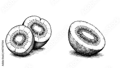 Vintage black ink sketch of sliced kiwi with seeds in close-up view  