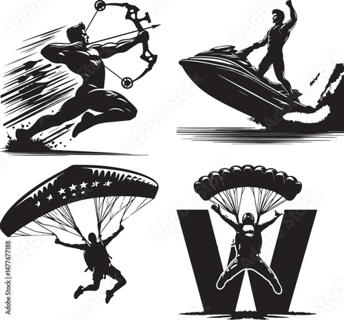 A compilation of black and white illustrations depicting extreme sports activities