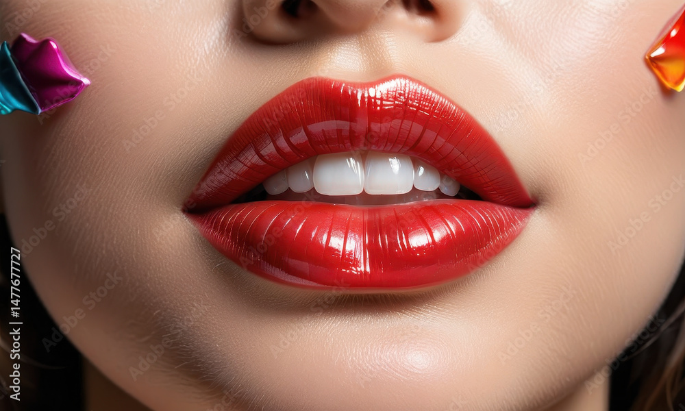 Fototapeta premium A close-up shot of a woman's lips featuring candy, perfect for use in food-related or lifestyle contexts