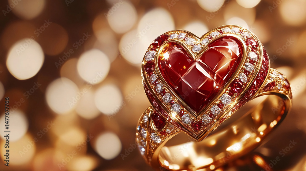 A radiant gold ring, showcasing a ruby heart, adorned with diamonds, perfect for expressing love. A radiant gold ring, showcasing a ruby heart, adorned with diamonds, perfect for expressing love.