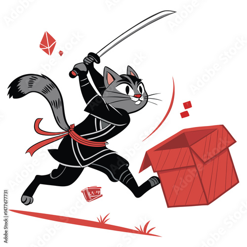 A heroic samurai cat, mid-leap, katana drawn, slashes a suspended cardboard box.  Dynamic action shot.