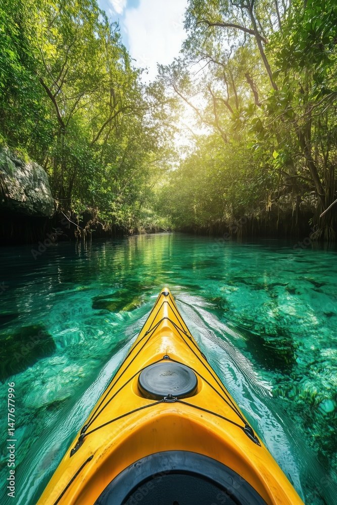 Fototapeta premium POV of an adventurous kayaker paddling through calm, crystal-clear river water that winds through a lush, green forest.
