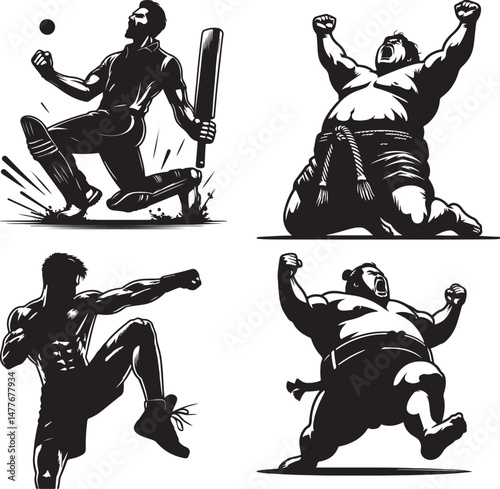Four monochrome illustrations depicting cricket, sumo wrestling and martial arts