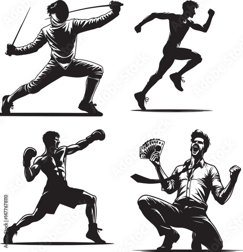 Four black and white illustrations depicting fencing running boxing and success man
