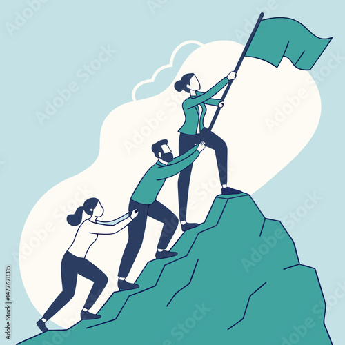 Teamwork Collaboration Leadership Concept With People Climbing Mountain Peak Together To Success