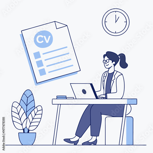 Young Woman Reviewing Job Applications With Laptop At Desk Illustration
