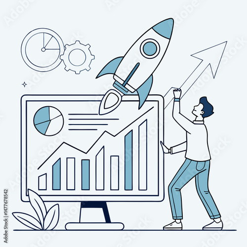 Business Growth Concept Man Launching Rocket From Computer With Charts