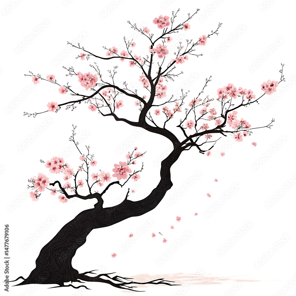 Fototapeta premium Cherry Blossom Tree Silhouette with Subtle Pink Blossoms, Elegant Spring Floral Minimalist Artwork