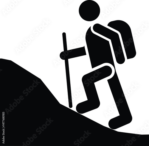 Black 2D vector icon of jungle trekking used in travel and adventure-related designs