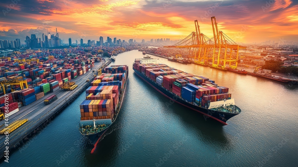 Naklejka premium Global logistics management showcases digital advancements in shipping port environment aerial view urban landscape