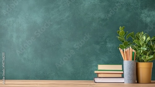 Books pencils plant on green backdrop for education or workspace theme