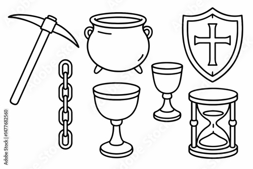 Medieval Fantasy Icon Set in Outline Style vector