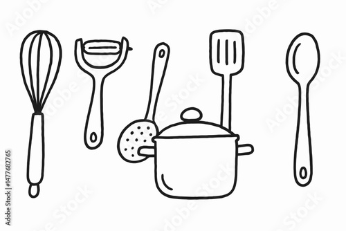 Black and White Drawing of Kitchen Utensils vector